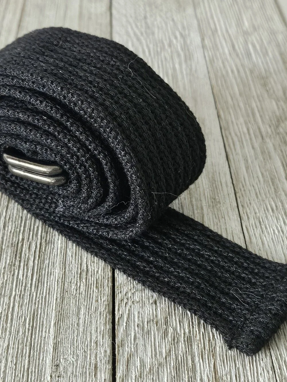 Black Woven Cotton Canvas Web Belt with Metal Double Ring Buckles .Measures 1.5